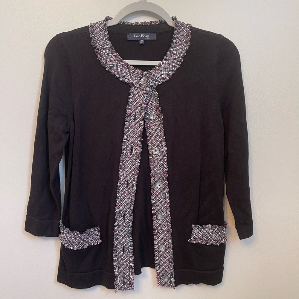 Evan Picone Tweet Trimmed Button Up Cardigan